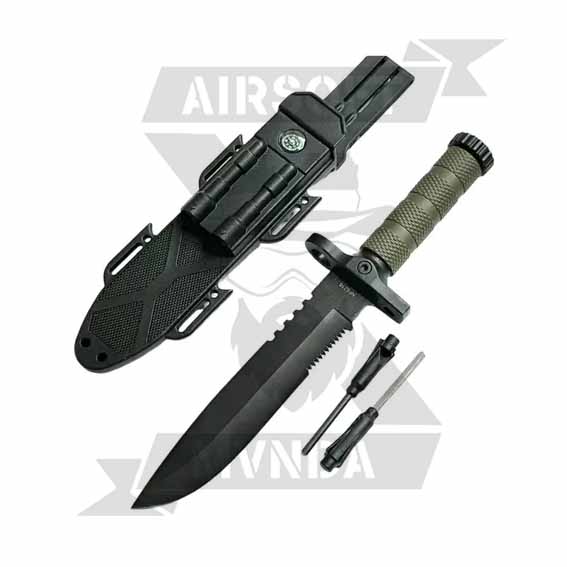 CUCHILLO ALBAINOX 19CM C/FUNDA PVC C/PEDERNAL C/AFILADOR NEGRO/VERDE