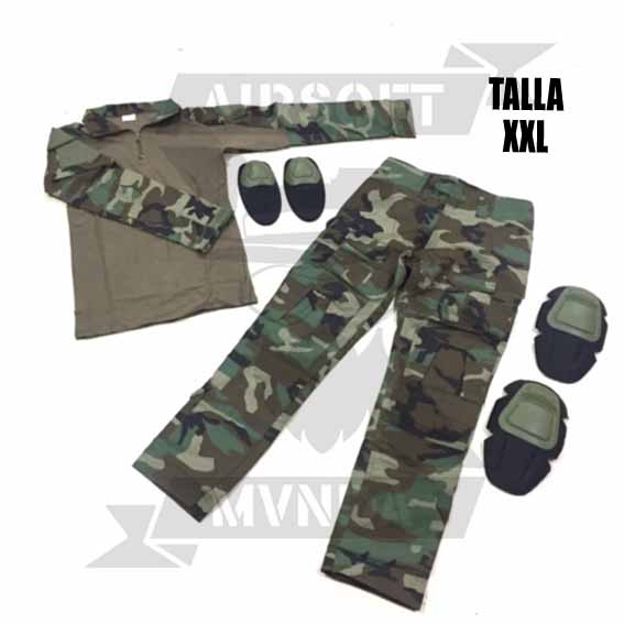 UNIFORME COMPLETO COMBAT B CON CODERAS Y RODILLERAS WOODLAND (XXL)